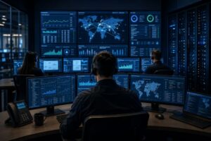 צוות תמיכה טכנית בחדר בקרה NOC מול מסכי ניטור רשתות ושרתים, שירותי מחשוב לעסקים - IP מחשבים